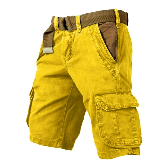Men Cargo Pants with Pockets Casual Cropped Pants Solid Color Straight Leg Lightweight Streetwear Trousers Spring Yellow S