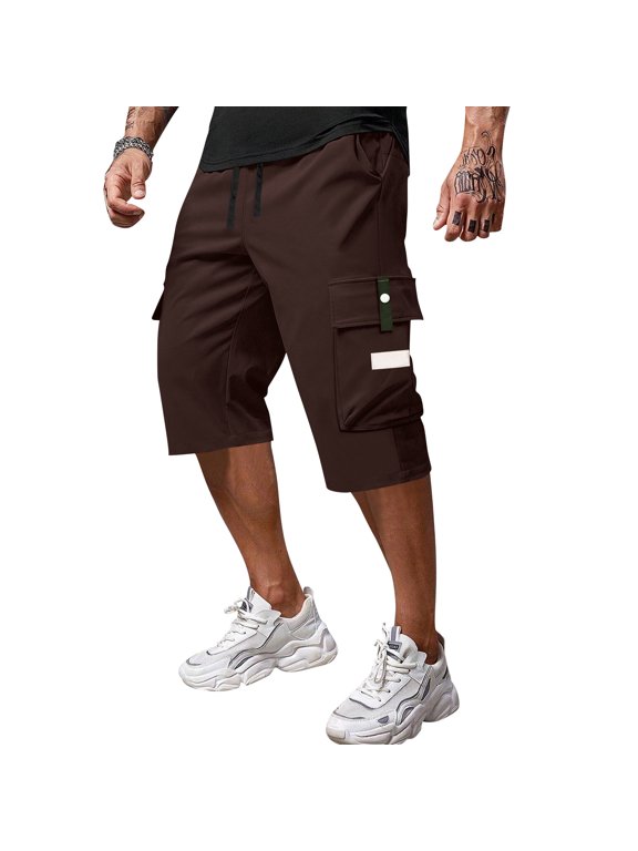 Men Cargo Shorts Knee Length Elastic Waist Shorts Long Blew Knee Capri Big and Tall Cargo Short Pants with Multi-Pockets Relaxed Fit Work Fishing Hiking Long Shorts,Brown M