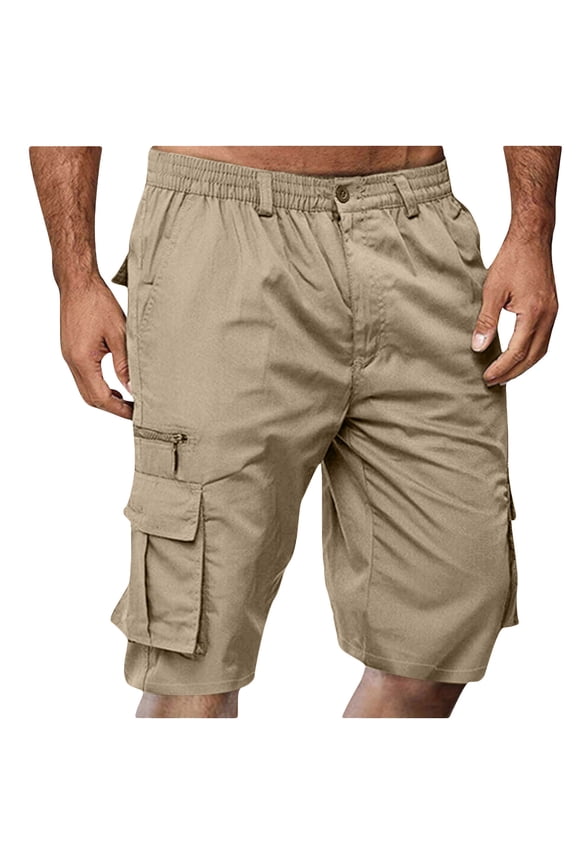 Men Cargo Shorts Outdoor Zipper Elastic Waist Knee Length Short with Multi Pockets Bermuda Shorts Fishing Work