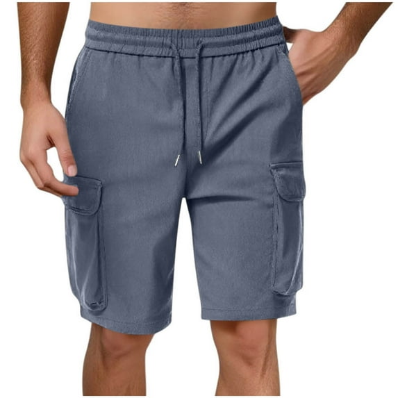 Men Cargo Shorts Plus Size Casual Elastic Waist Solid Color Loose Comfy Shorts with Multi Pocket Dark Blue L