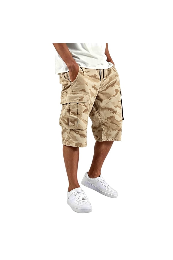 Men Cargo Shorts with Pockets Summer Knee Length Stretch Waist Camo Drawstring Wide Leg Shorts, L