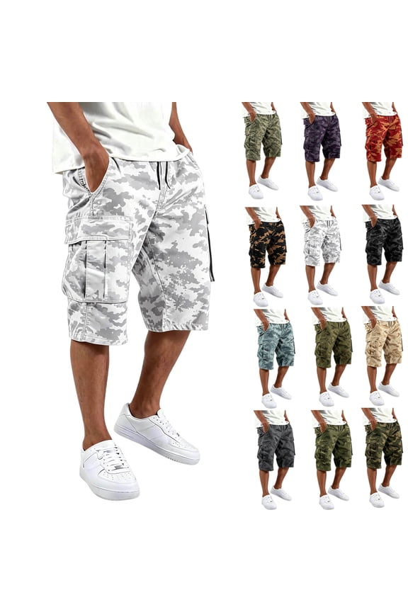 Men Cargo Shorts with Pockets Summer Stretch Waist Camo Drawstring Wide Leg Shorts,M