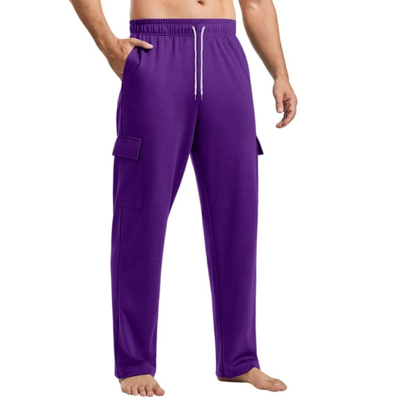 Men Cargo Sweatpants Open Bottom Elastic Waist Sweatpants with Pockets Drawstring Pants Athletic Loose Fit Athletic Loose Solid Joggers Trouser for Yoga,Purple L