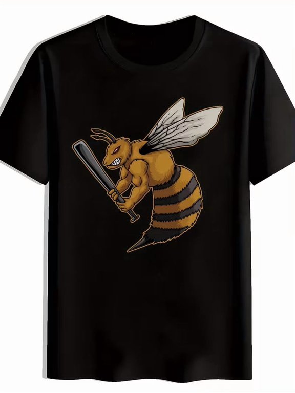 Men Cartoon Bee Casual Black Graphic T-Shirt