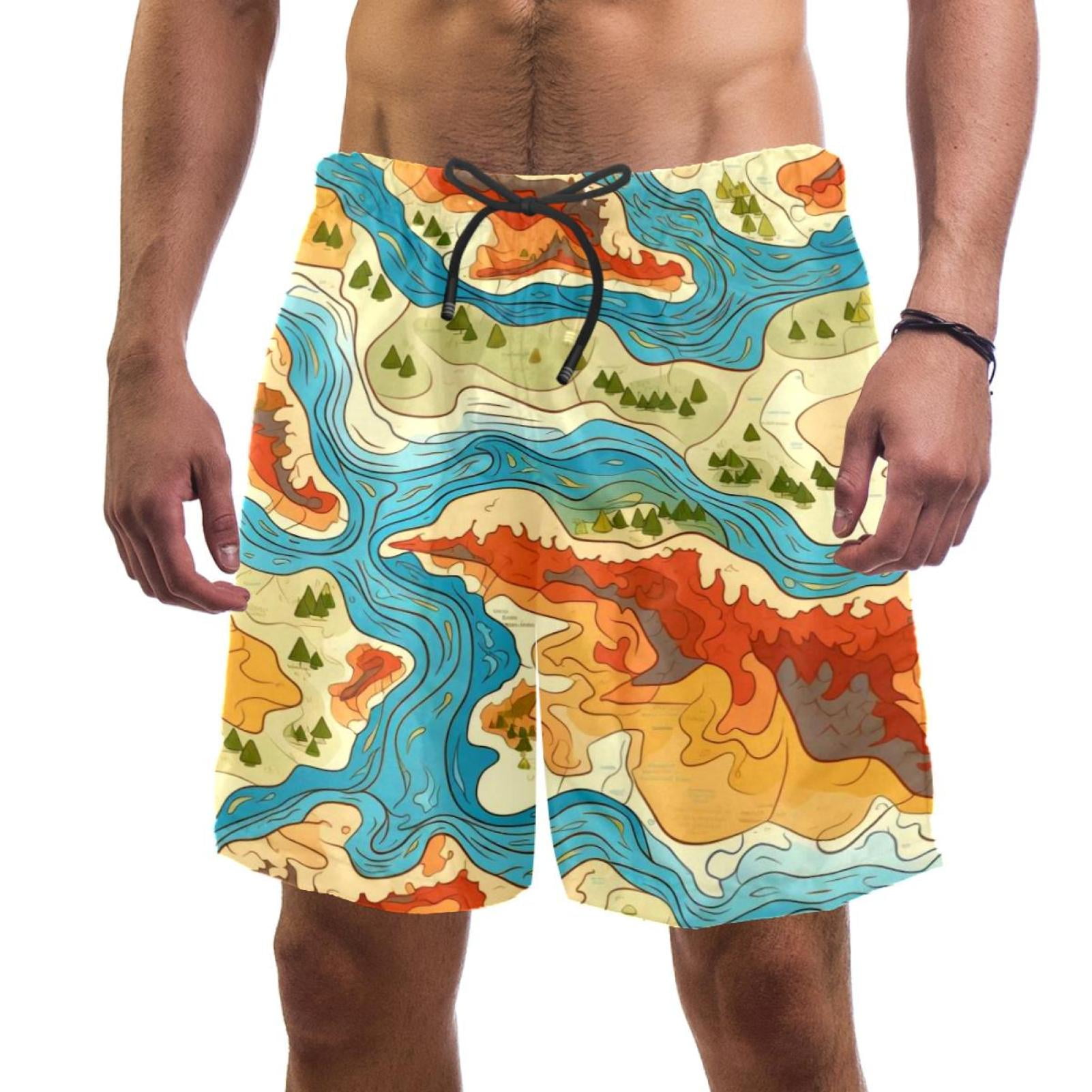 Men Casual Beach Shorts Lightweight and Breathable, Maps Prints