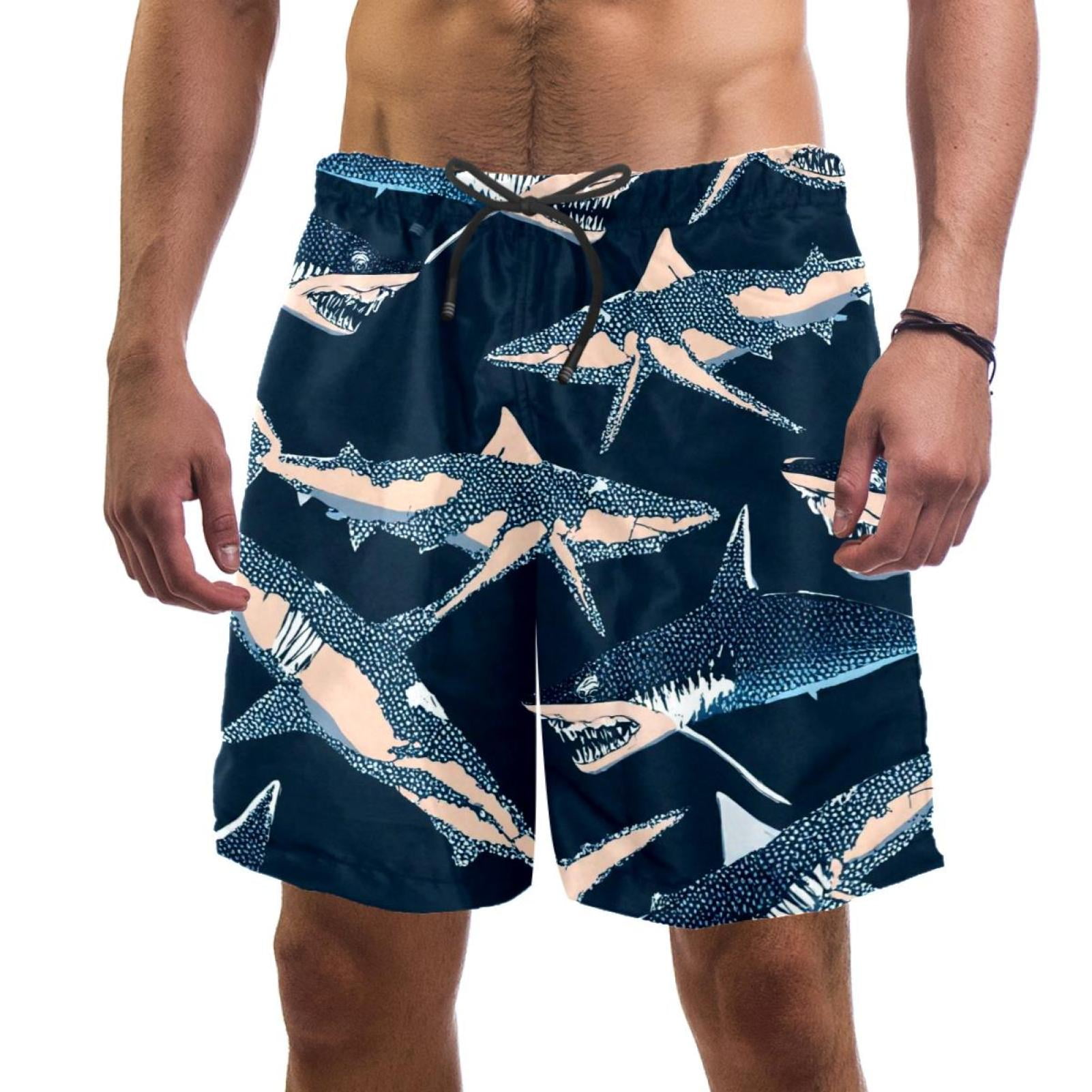 Men Casual Beach Shorts Lightweight and Breathable, Sharks Painted