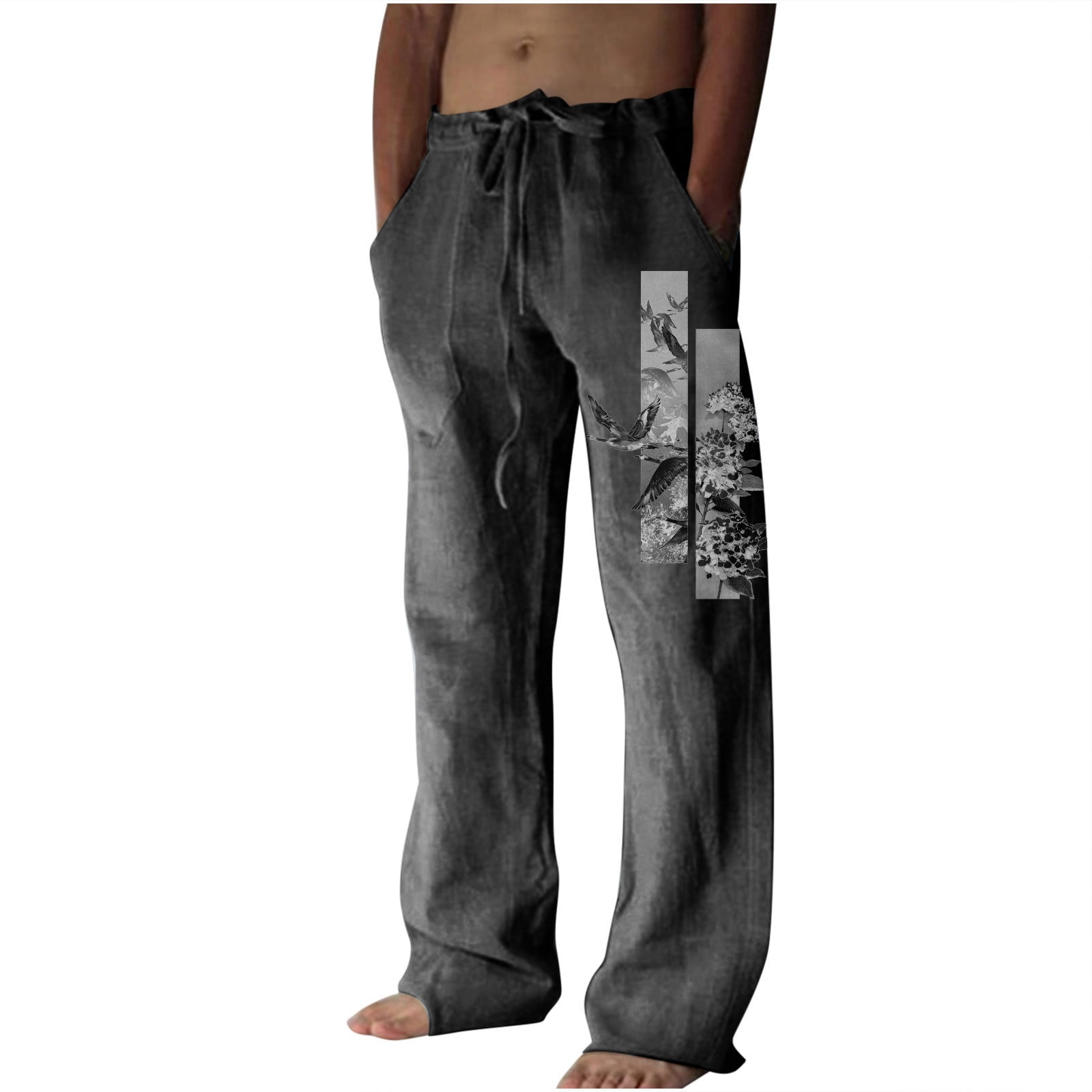 Men Casual Beach Trousers Drawstring Cotton Linen Wide Leg Trousers
