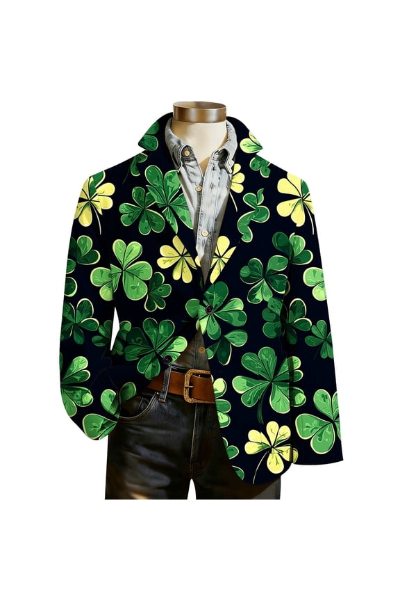 Men Casual Blazer St Patricks Shamrock Graphic 2 Button Holiday Party Jacket Long Sleeve Suit Sports Coat Jacket with Pocket