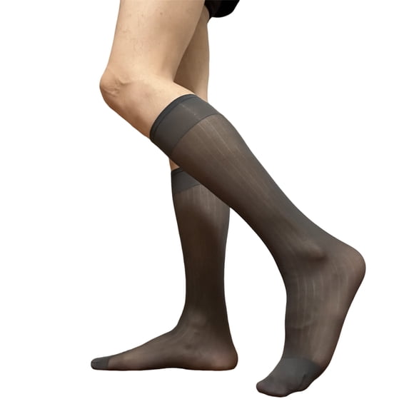 Men Casual Business Dress Socks Middle Calf Wide Striped Sheer Nylon Stockings Formal Suit See Through Thin Faux Silk Socks