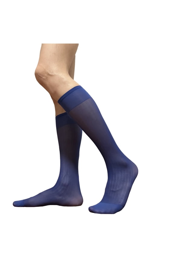 Men Casual Business Dress Socks Middle Calf Wide Striped Sheer Nylon Stockings Formal Suit See Through Thin Faux Silk Socks