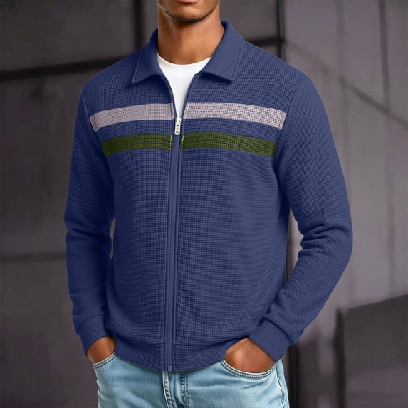 Men Casual Cardigan Sweaters Full Zipper Closure Long Sleeve Waffle Jackets