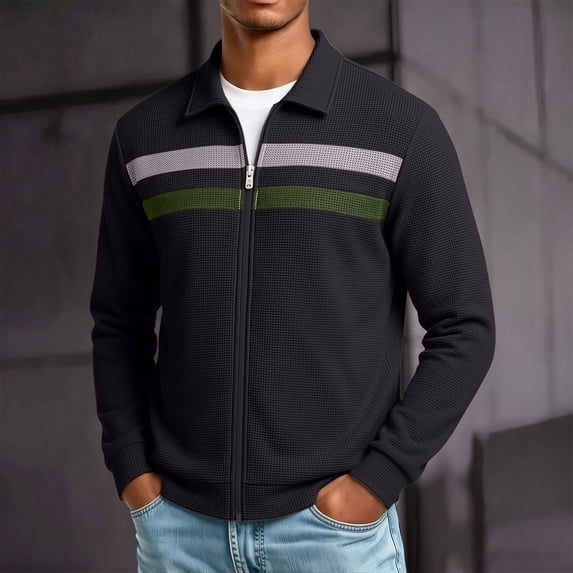 Men Casual Cardigan Sweaters Full Zipper Closure Long Sleeve Waffle Jackets
