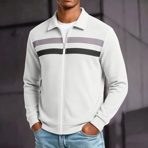Men Casual Cardigan Sweaters Full Zipper Closure Long Sleeve Waffle Jackets