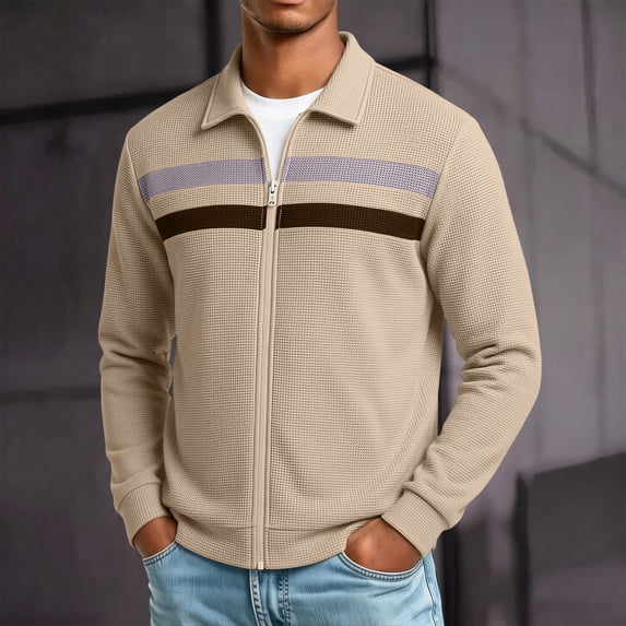 Men Casual Cardigan Sweaters Full Zipper Closure Long Sleeve Waffle Jackets