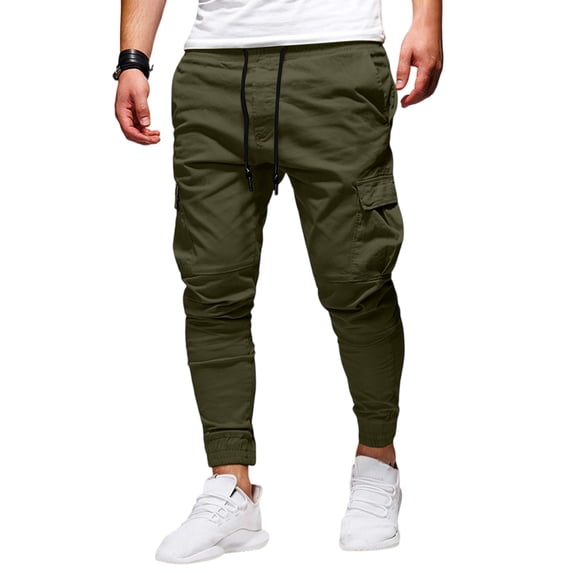 Men Casual Cargo Jogger Pants with Drawstring Waist Multiple Pockets Elastic Cuffs Lightweight Trousers for Daily Wear