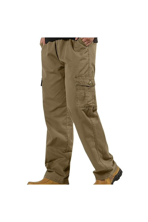 Men Casual Cargo Pants - Men’s Lightweight Pull On Work Pants - Male Outdoor Hiking Solid Color Elastic Waist Long Trousers with Pockets
