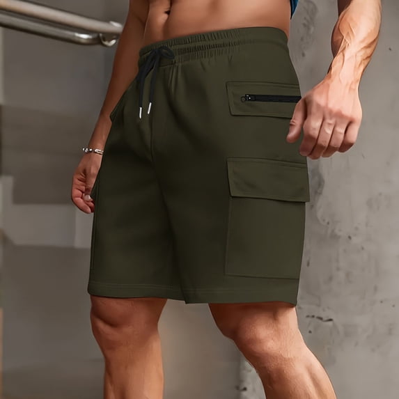 Men Casual Cargo Shorts 9 Inch Elastic Waist Loose Fitting Sweat Shorts Zipper Outdoor Hiking Drawstring Shorts