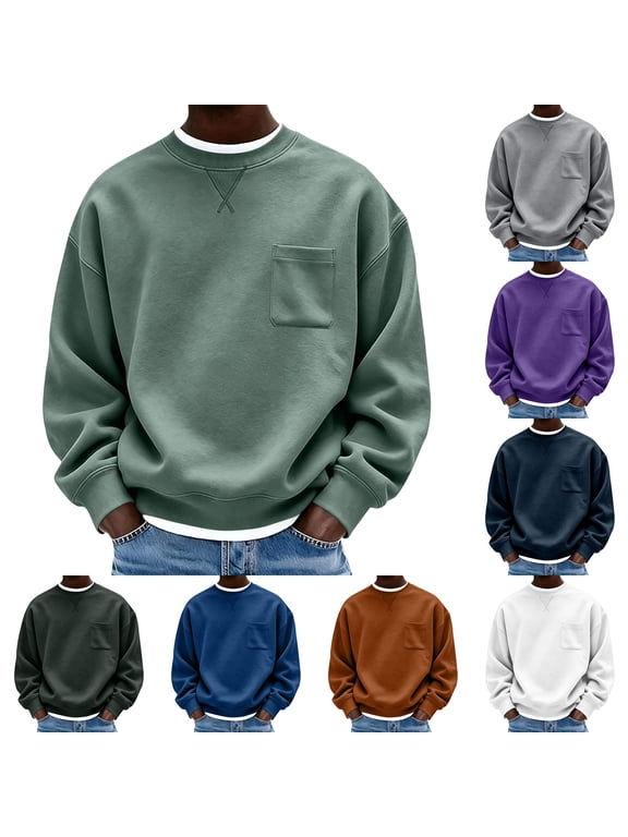 Men Casual Crewneck Sweatshirt Solid Color Loose Fit Long Sleeve Pullover with Chest Pocket Warm Winter Sweatshirt for Daily Wardrobe Gray S