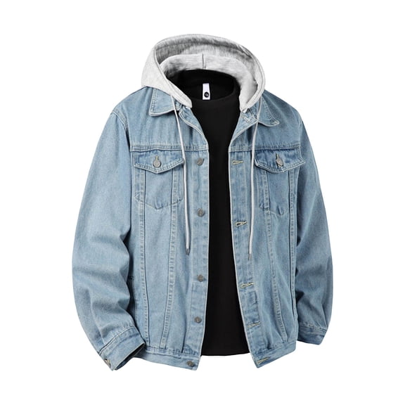 Men Casual Denim Jacket Loose Long Sleeve Button Detachable Hooded Jean Coat Comfy Lightweight Fall Winter Outwear