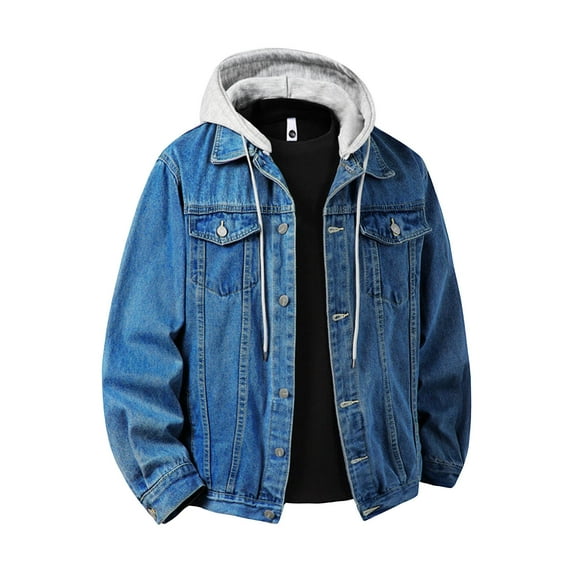 Men Casual Denim Jacket Loose Long Sleeve Button Detachable Hooded Jean Coat Comfy Lightweight Fall Winter Outwear