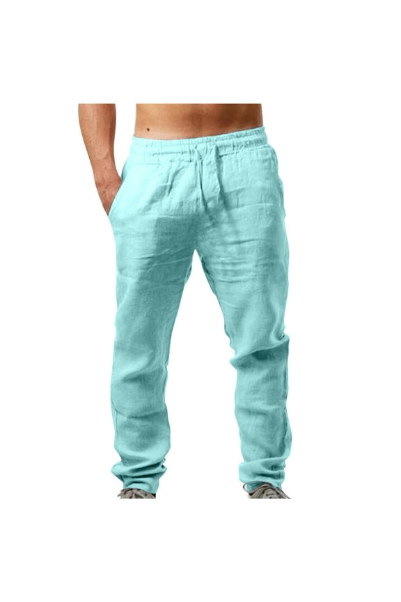 Men Casual Elastic Waistband Pocket Cotton Linen Panel Trousers Pants Athletic Leggings Men Leggings High Waist Men Pajama Pants Leather Leggings