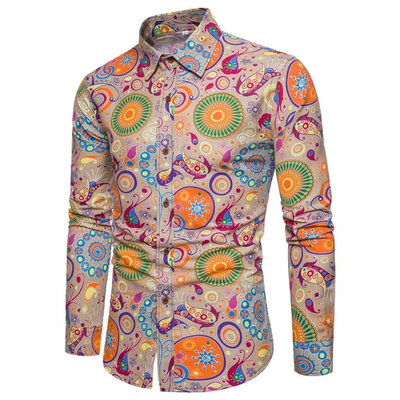 Men Casual Ethnic Retro Print Long Sleeved Fashion Shirt Holiday Beach Vintage Gentlemen Shirts Clothes
