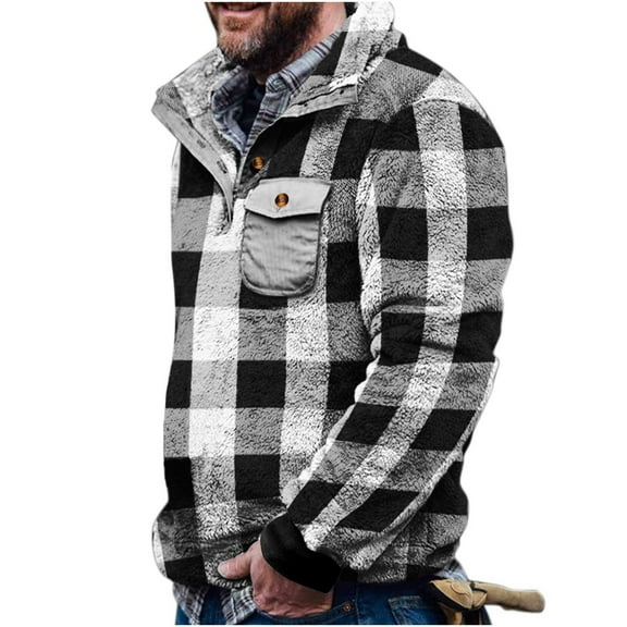 Men Casual Fall And Winter Plaid Hoodie Pocket Long Sleeve Stand Collar Pullover Jacket