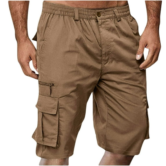 Men Casual Fashion Solid Shorts with Multi-pocket Button Zipper Elastic Waist Shoort Pants