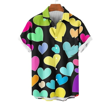 Men Casual Fashion Turndown Collar Valentine's Day Printing Short Sleeve Button Shirt Tops Blouse Multicolor L