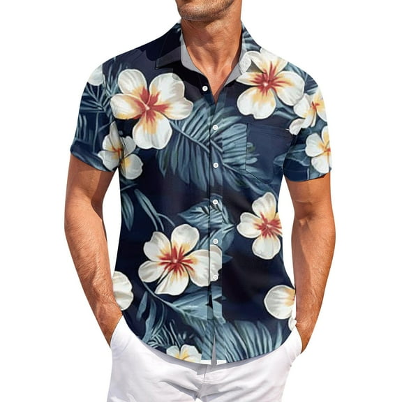Men Casual Hawaiian Shirt Tropical Floral Print Beachwear Lightweight Breathable Shirts Top
