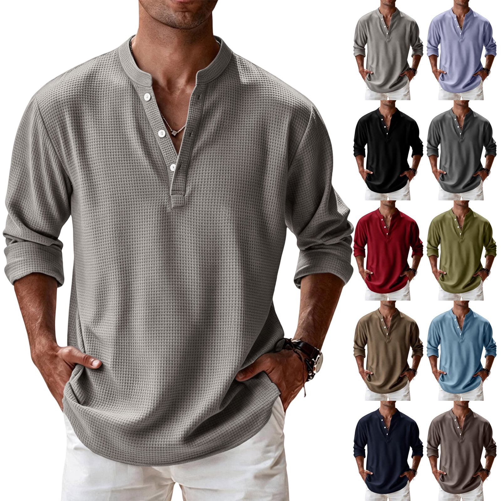 Men Casual Henley Blouse, Stand Collar Waffle Knit Long Sleeve Partial ...