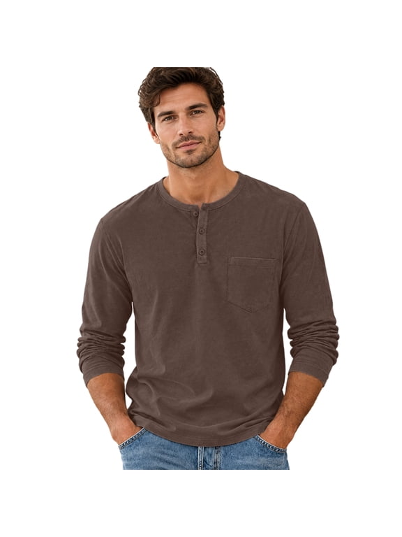 Men Casual Henley Long Sleeve Shirt Solid Color Soft Fabric Crew Neck Button Placket with Pocket Slim Pullover Tee for Spring Fall Daily Wardrobe Brown M
