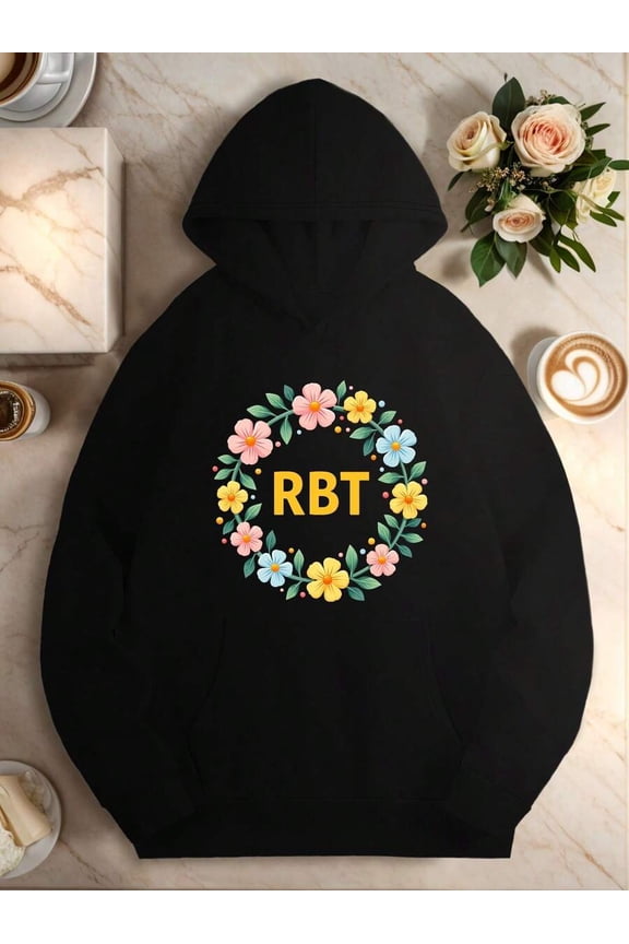Men Casual Hoodie With RBT Monogram Floral Wreath Design Cozy FallWinter Sweatshirt Green With Colorful Flowers RBT Lettering Long Sleeve Front Pocket Non-Stretch Fabric Casual Wear Hoodie Floral Pri