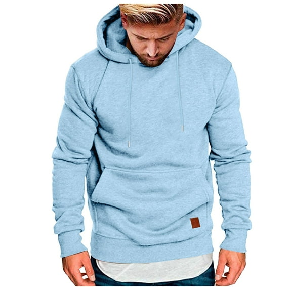 Men Casual Hoodies With Pocket Solid Color Drawstring Leather Label Comfortable Loose Trendy Sweatshirt For Daily Wear,Light Blue,Xxl
