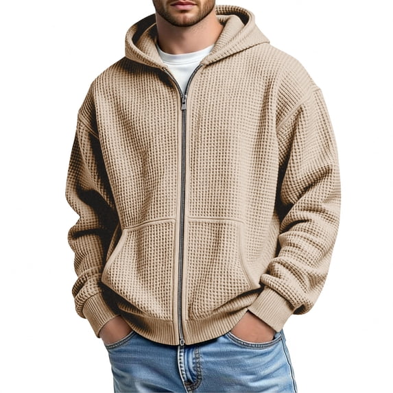 Men Casual Jacket Solid-Color Long-Sleeve Waffle-Weave Hoodie Sweatshirt With Pockets Simple and Comfortable for Any Season