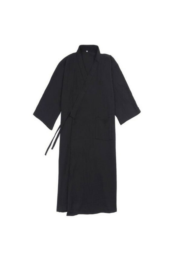 Men Casual Japanese Kimono Yukata Long Bathrobe Pajamas Belt Cotton Home Robe
