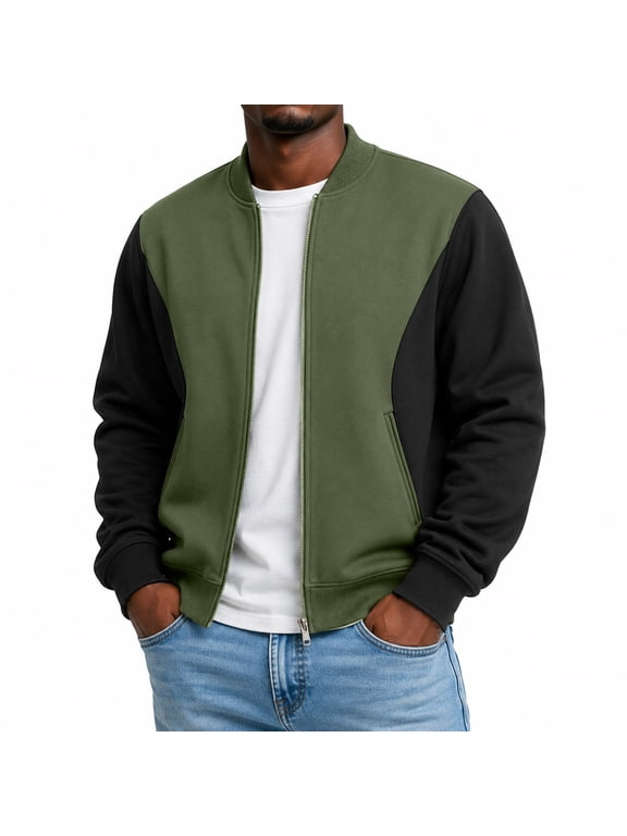 Men Casual Lightweight Bomber Jacket Stand Collar Zipper Closure Color Long Sleeve Jackets Color Block Varsity Coat