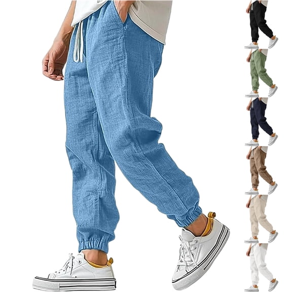 Men Casual Linen Jogger Pants Relaxed Fit Trousers Elastic Waist Drawstring Loungewear Sweatpants with Cuffed Ankles Beige M