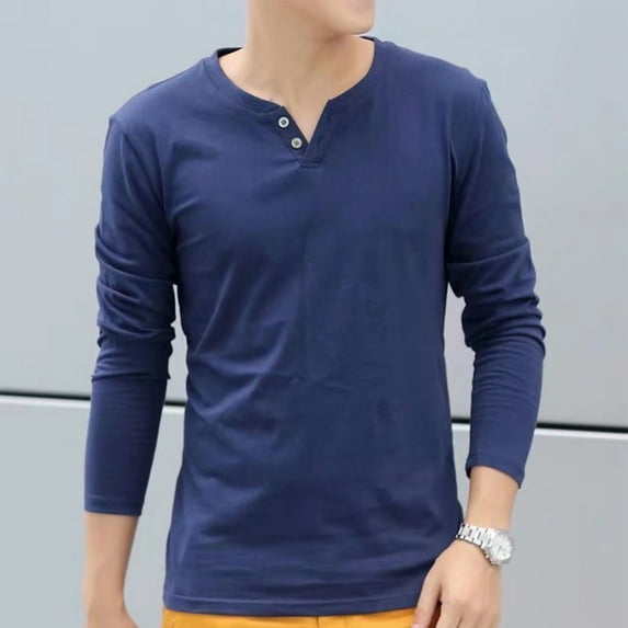 Men Casual Long-Sleeve Pullover Button V Neck Henley T-Shirt Slim Bottoming Tops