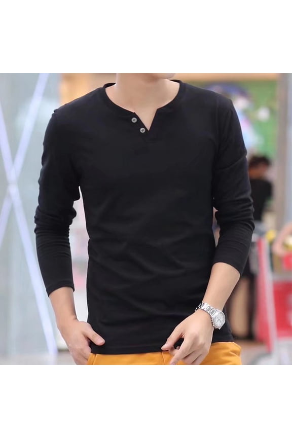 Men Casual Long-Sleeve Pullover Button V Neck Henley T-Shirt Slim Bottoming Tops