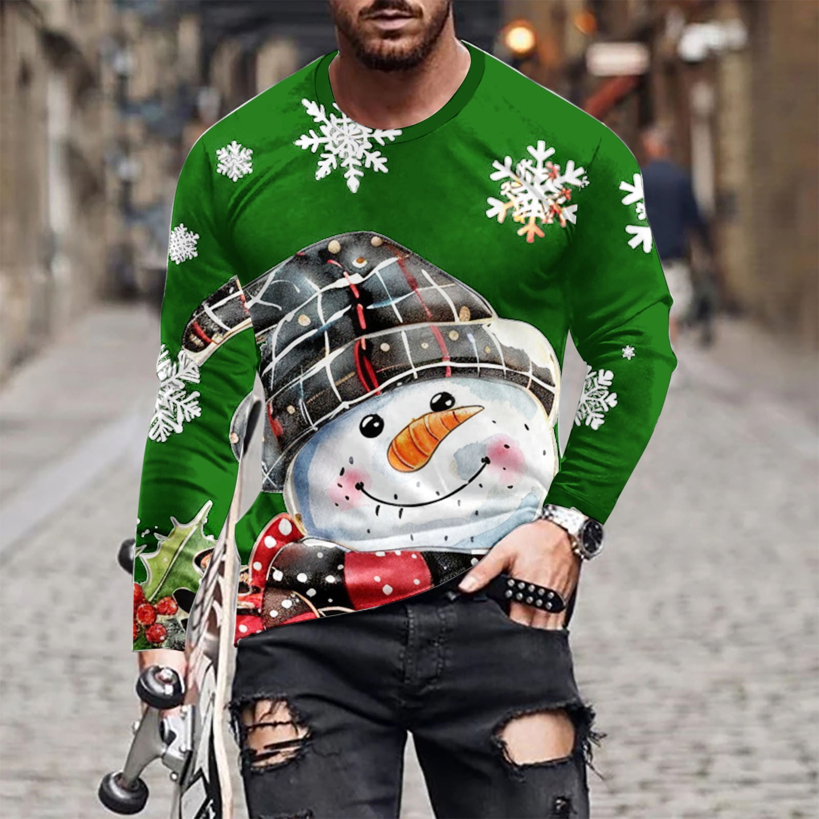 Men Casual Long Sleeve T-Shirt Christmas Snowman Print Crewneck