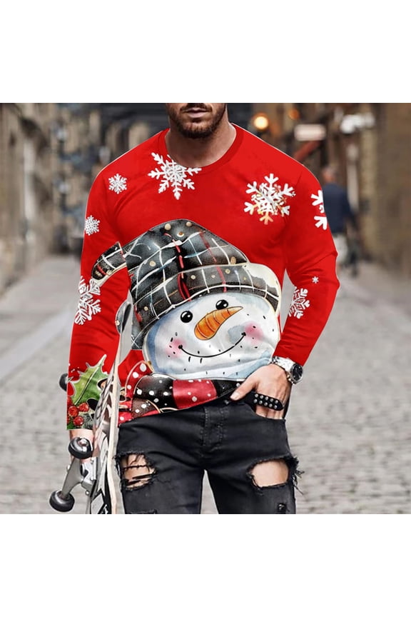 Men Casual Long Sleeve T-Shirt Christmas Snowman Print Crewneck Sweatshirt Novelty 3D Graphic Long Sleeve Sweater Shirt Red XXL
