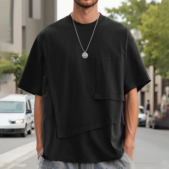 Men Casual Loose Fit Pocket Tee Round Neck Stretchable T Shirt Everyday Wear Spring Summer Blend Comfortable TopBlackS