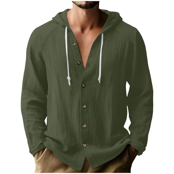 Men Casual Loose Hoodies Vacation Long Sleeve Button Cotton Linen Hooded Shirts Travel Loose Comfy Solid Color Spring Tops