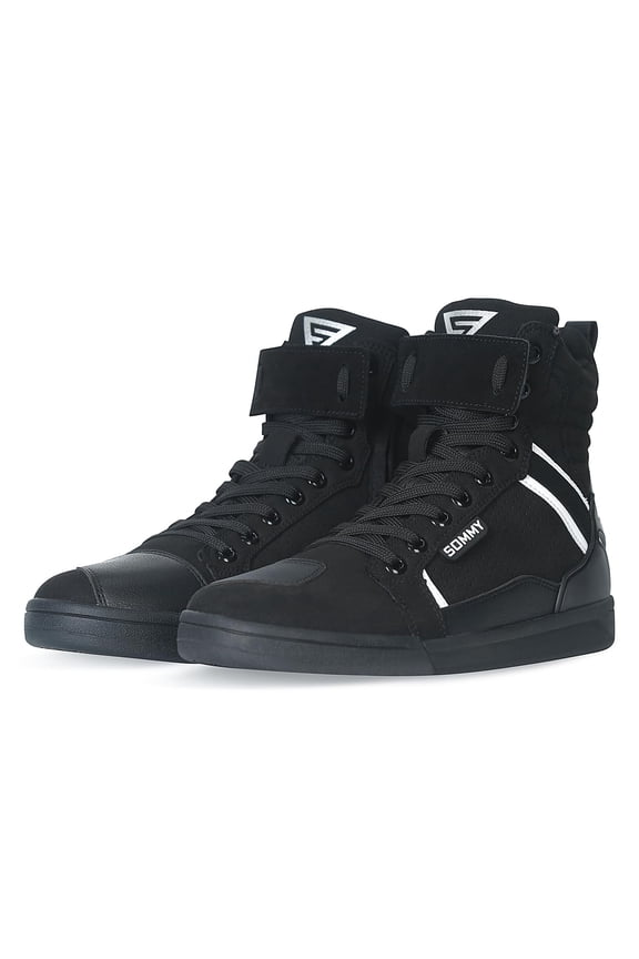 Men Casual Motorcycle Shoes Suede Riding High Top Sneakers, Cowhide with Double Layer,with Gear Shift Pad and Side Zipper