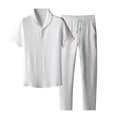 thumbnail image 1 of Men Casual Outfits 2 Piece Fashion Lightweight Summer Striped Pleated Stand Collar Elastic Short Sleeve Drawstring Long Pants White 2Xl, 1 of 6