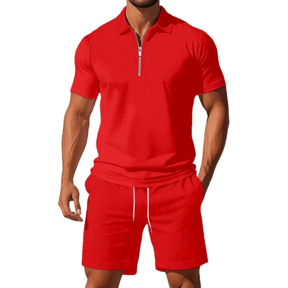 Men Casual Outfits Slim Fit Breathable Stylish Tee Shirt and Short Sets Solid Color Loose Sports Track Suits Activewear Clothing Red Size Red