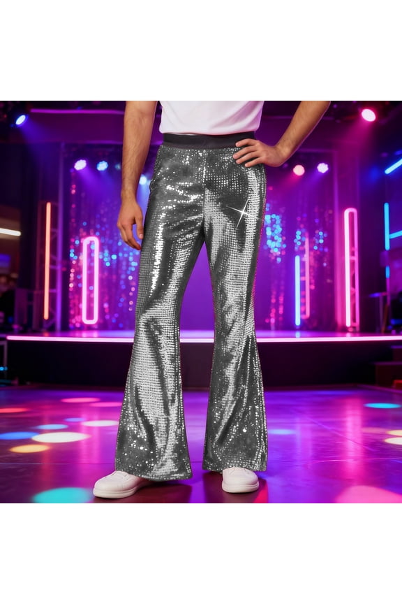 Men Casual Pants Carnival Clothes For Festive Sequins Party Flare Pants For Casual Wear Shimmering Trousers For Nightlife And Events Silver XL