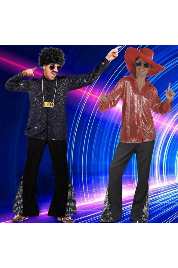 Men Casual Pants Carnival Clothes For Male 70S Boys Classic Casual Retro Sequins Flare Casual Pants Sequins Mardi Gras Black L