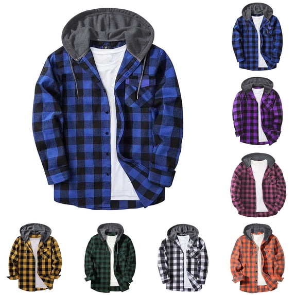 Men Casual Patchwork Fashion Plaid Hooded Button Long Sleeve Shirt Blouse